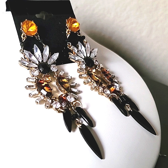 Vintage BETSEY JOHNSON Hollywood Glam Collection Tigers Eyes Chandelier Earrings - Picture 6 of 11